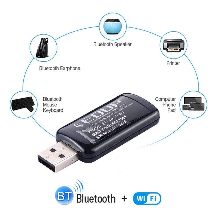 EDUP EP-AC1681 2 in 1 AC1200Mbps 2.4GHz & 5.8GHz Dual Band USB WiFi Adapter External Network Card with Bluetooth 4.1 Function, EP-AC1681 EDUP EP-AC1681 2 in 1 AC1200Mbps 2.4GHz & 5.8GHz Dual Band USB WiFi Adapter External Network Card with Bluetooth 4.1 Function, EP-AC1681